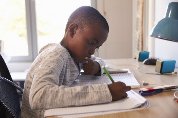 Young Boy At Desk Doing Homework