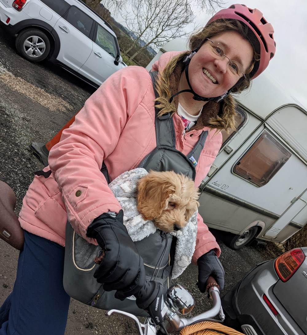 Foster carer Nicola on a bike ride with her cockerpoo